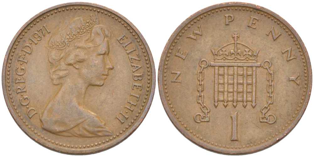 Великобритания 1 пенни 1971 Елизавета II (1952-2022) KM 915, Spink 4237 (B1) бронза 175-557