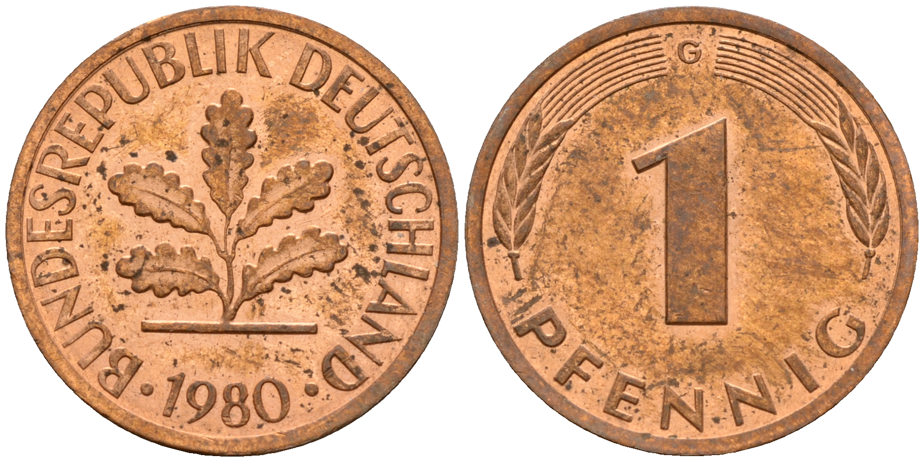 ФРГ 1 пфенниг 1980 G KM 105, J. 380 сталь плакированная медью    4598-614