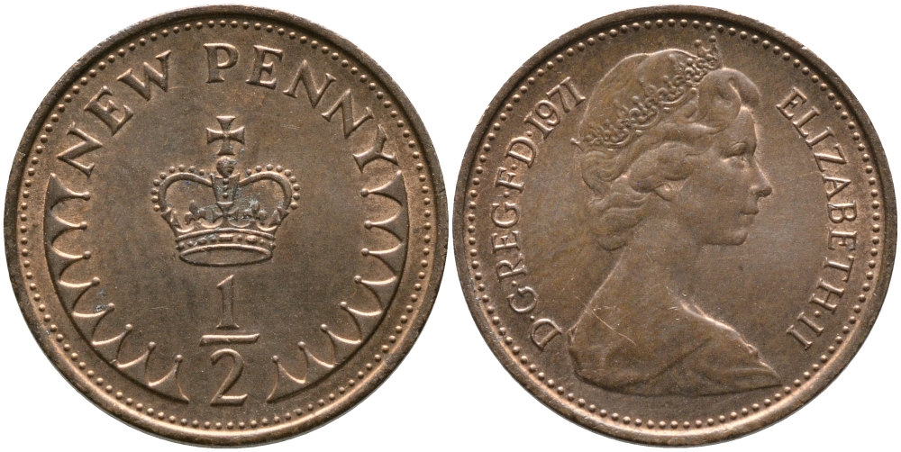 Великобритания 1/2 пенни 1971 Елизавета II (1952-2022) KM 914, Spink 4239 бронза 99-1056
