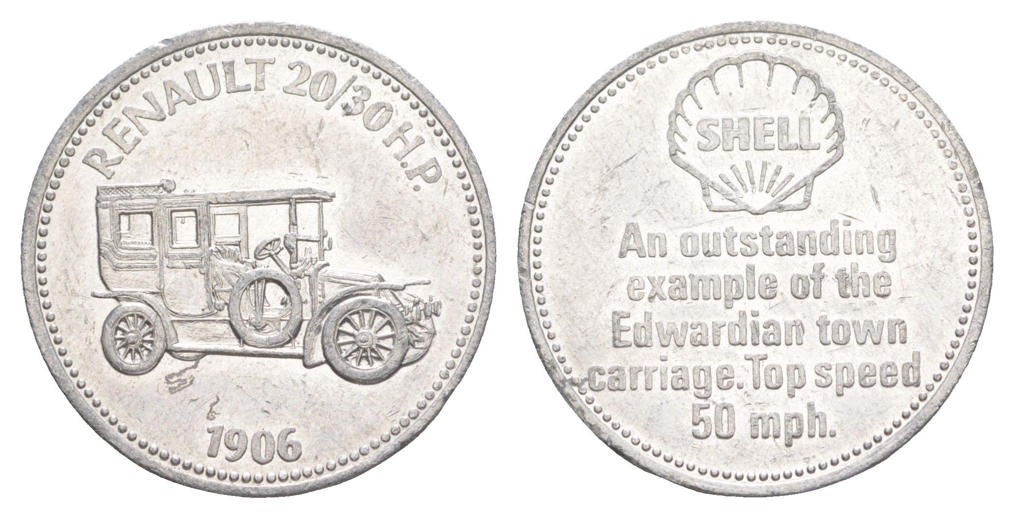 Великобритания жетон Shell - Истоория Автомобилей - Renault 20/30 H.P. 1906 ND диаметр 26 мм, вес 1.7 гр алюминий 4175-836