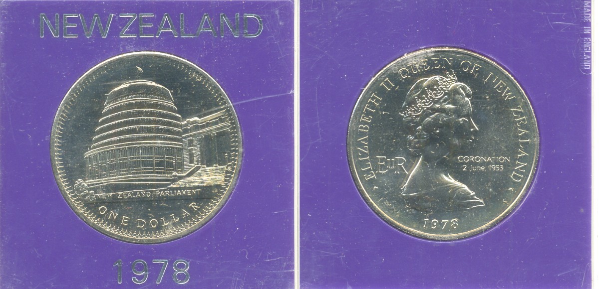 Новая Зеландия 1 доллар 1978 25 лет коронации Елизаветы II и открытие здания Парламента, Елизавета II (1952-2022), в оригинальной пластиковой упаковке KM 47 медно-никель UNC 06-059-10