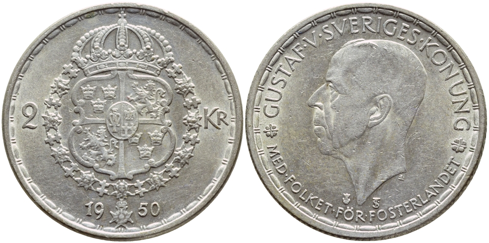 Швеция 2 кроны 1950 TS, Густав V (1907-1950) KM 815 серебро 1530-1115