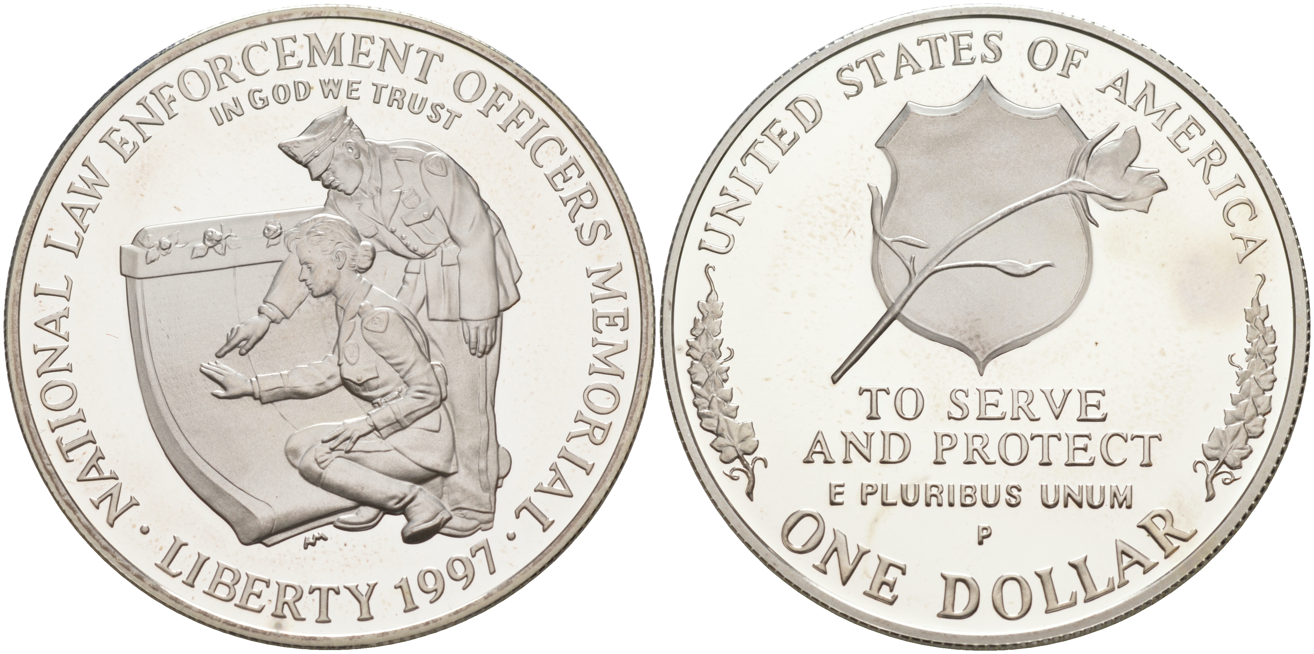 США 1 доллар 1997 Р, Национальный мемориал сотрудников правоохранительных органов KM 281 серебро PROOF 00-00
