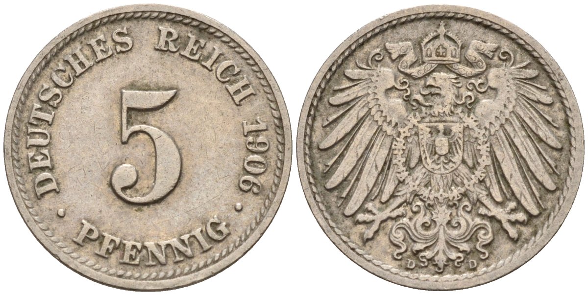 Германия 5 пфеннигов 1906 D KM 11, J. 12 медно-никель 4151-454