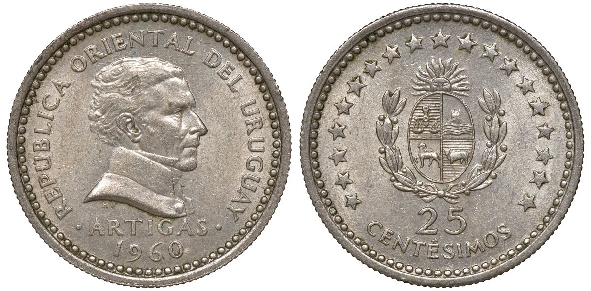 Уругвай 25 сентесимо 1960 KM 40 медно-никель 4169-929