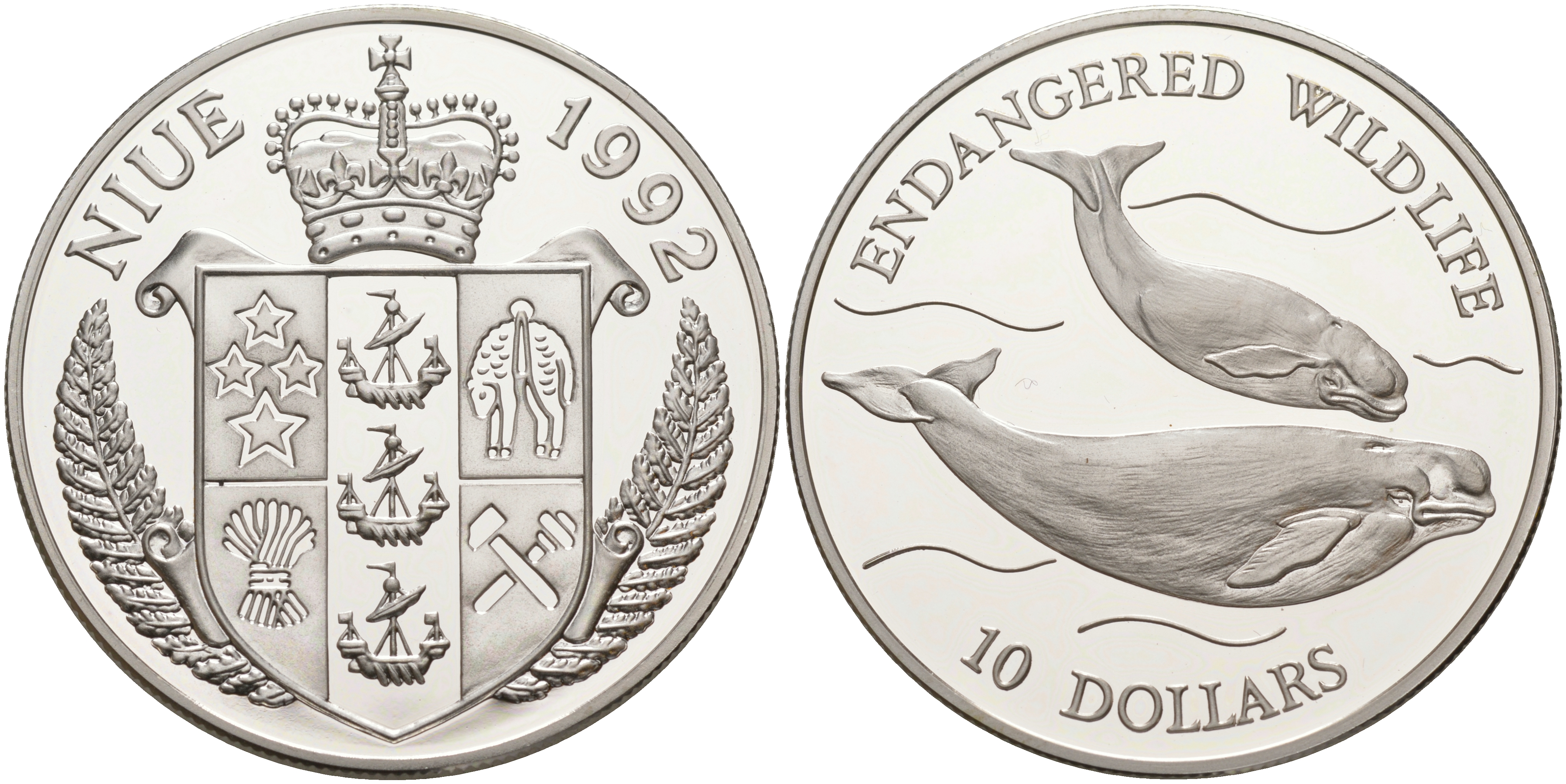 Ниуэ 10 долларов 1992 серия исчезающие виды животных, киты, белуга KM 74 серебро PROOF 1074-5-23