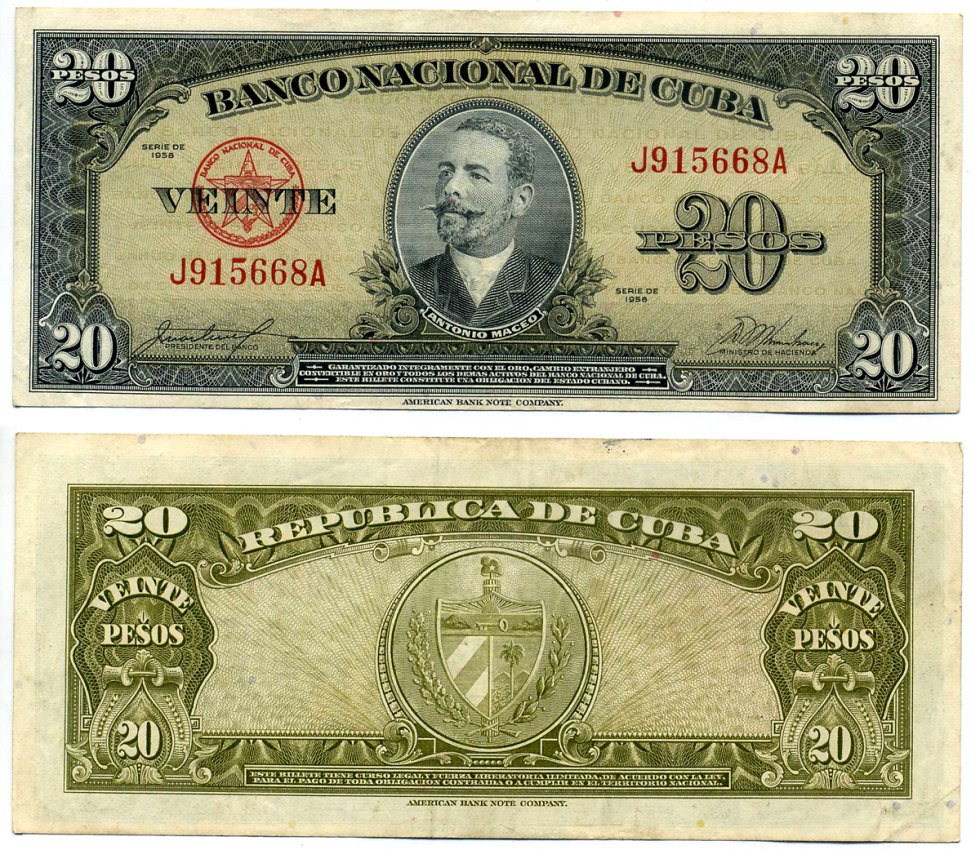 Куба 20 песо 1958 Антонио Масео, ABNC Pick 80b бумага 7191-6-3-1