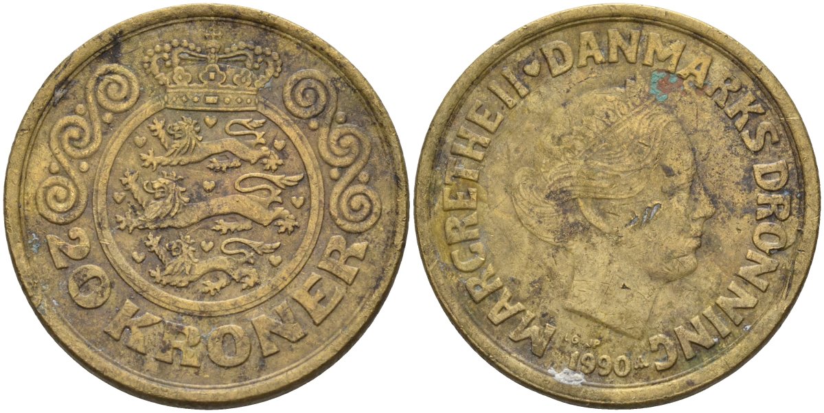 Дания 20 крон 1990 LG; JP; A, Маргрете II (1972-) KM 871 алюминиевая бронза 4144-612