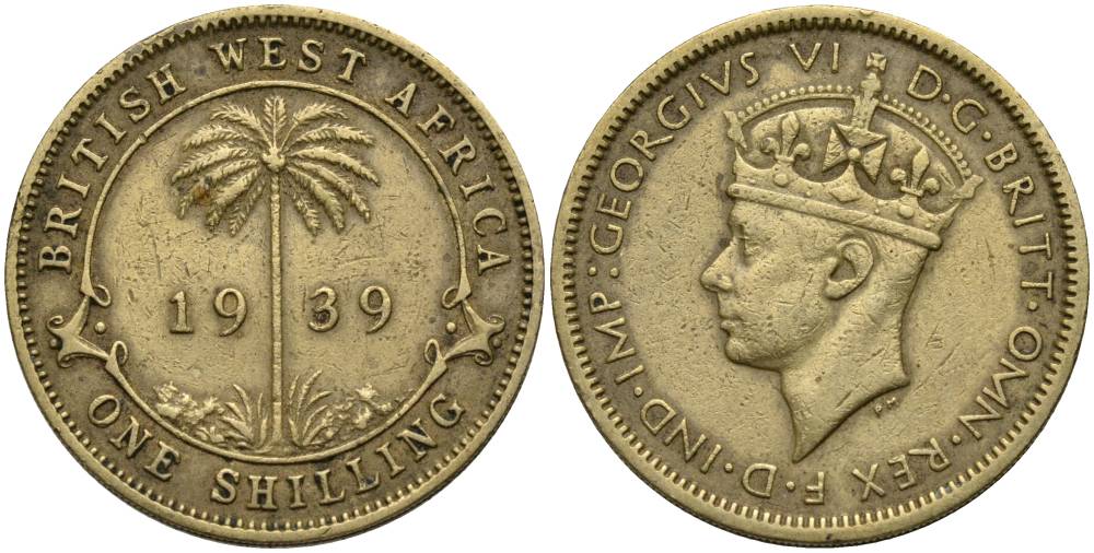 Британская Западная Африка 1 шиллинг 1939 Георг VI (1937-1952), пальма KM 23 никель латунь 27-1041