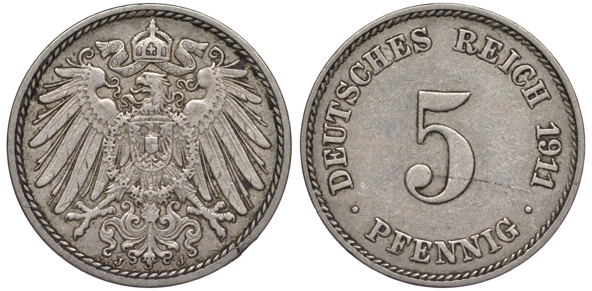 Германия 5 пфеннигов 1911 A KM 11, J. 12, Weege 6 медно-никель 25-2143