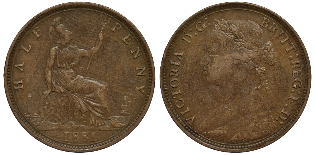 Великобритания 1/2 пенни 1881 Виктория (1837-1901) KM 754, Spink 3956 бронза 106-743