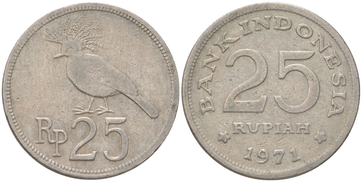 Индонезия 25 рупий 1971 венценосный голубь KM 34 медно-никель 4614-348