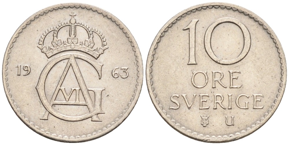 Швеция 10 эре 1963 U, Густав VI Адольф (1950-1973) KM 835 медно-никель 192-155