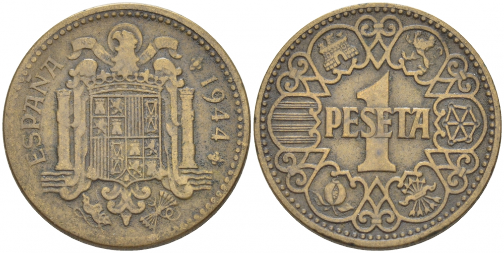 ИСПАНИЯ 1 ПЕСЕТА 1944 НАЦИОНАЛЬНОЕ ПРАВИТЕЛЬСТВО (1939-1947) KM 767 алюминиевая бронза 4519-1053