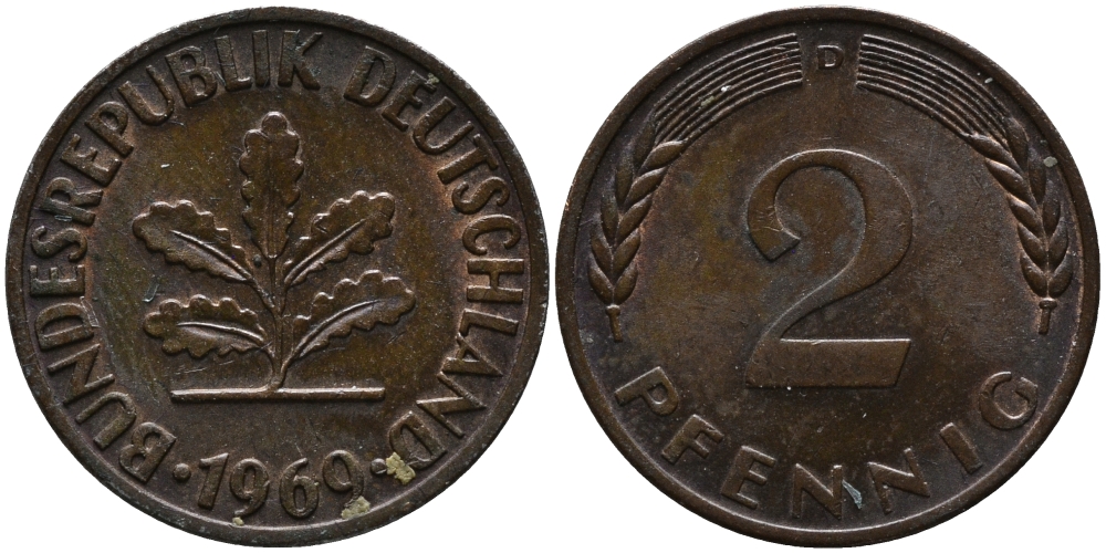 ФРГ 2 пфеннига 1969 D KM 106а, J.381а сталь плакированная медью 99-159