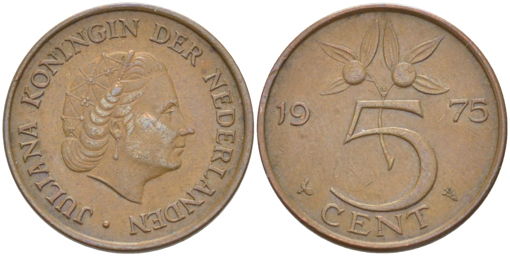 Нидерланды 5 центов 1975 Юлиана (1949-1980) KM 181 бронза 214-828