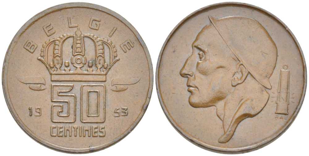 БЕЛЬГИЯ 50 САНТИМОВ 1953 BELGIE, БОДУЭН I (1951-1993) KM 145 бронза 214-159