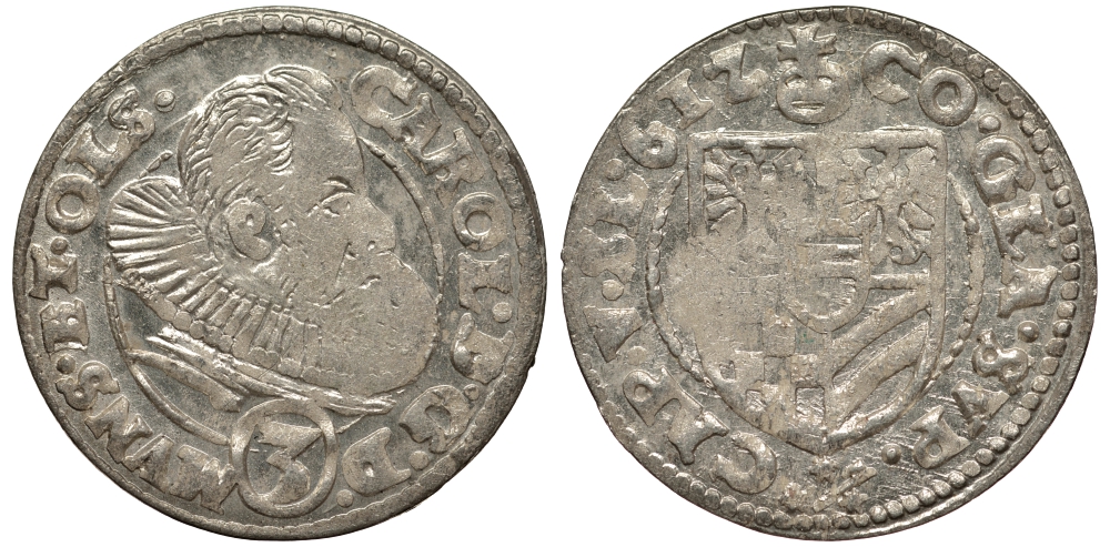 Силезия, Мюнстерберг, Олесница грошен (3 крейцера) 1612 Карл II серебро 413-934