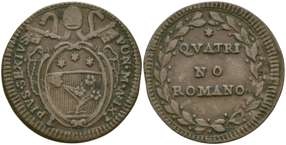ВАТИКАН, ПАПСКАЯ ОБЛАСТЬ 1 КВАТРИНО 1784 ГОД IX, ПИЙ VI (1775-1799) KM 1223 (C67) медь 99-956