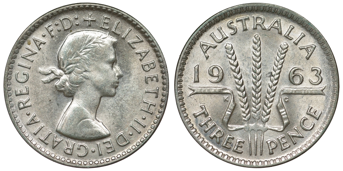 Австралия 3 пенса 1963 m, Елизавета II (1952-2022) KM 57 серебро 71-833
