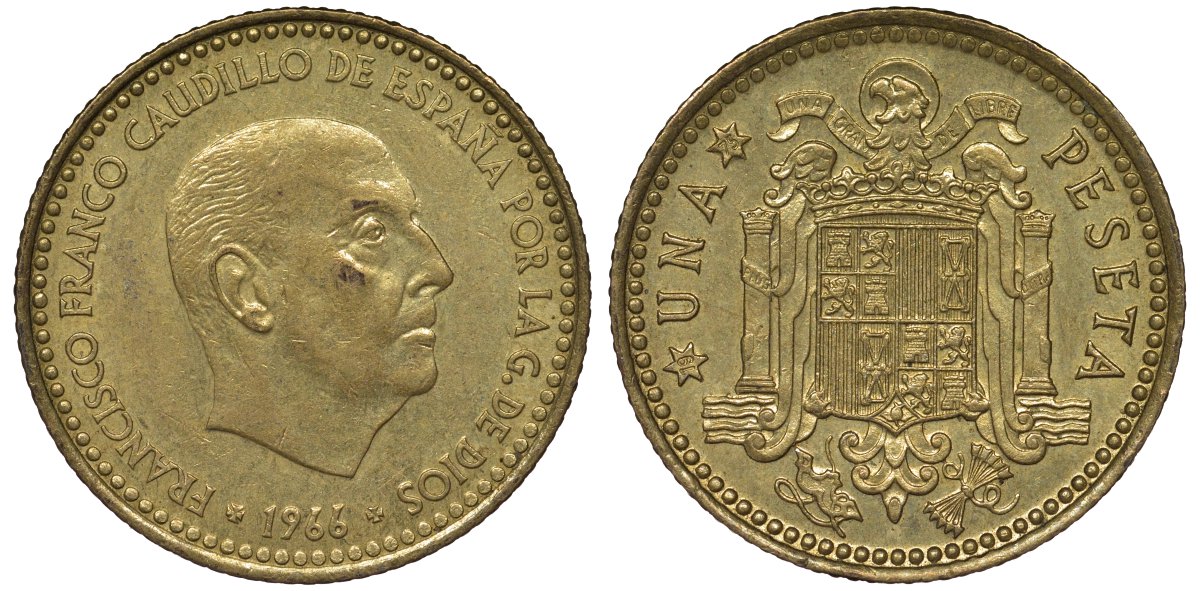 Испания 1 песета 1966 (75) Франсиско Франко (1939-1975) KM 796 алюминиевая бронза 4128-1046