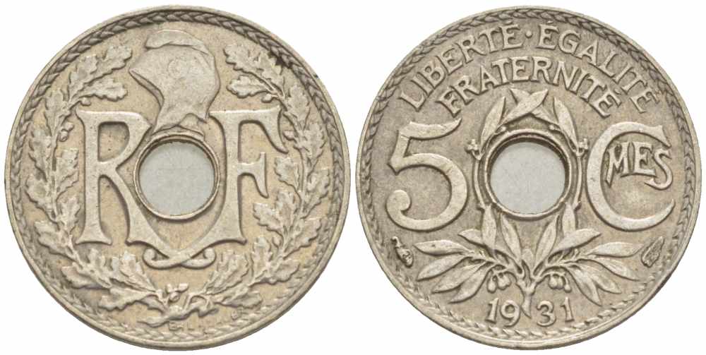 Франция 5 сантимов 1931 тип Линдайё KM 875, Le Franc 122.14 медно-никель 105-359