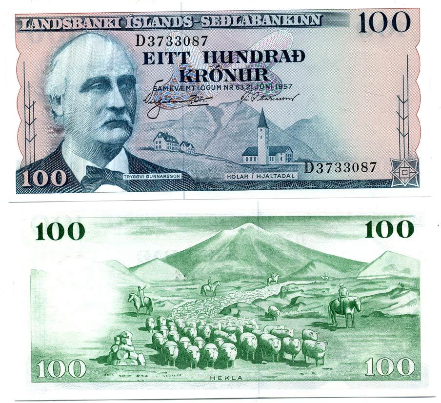 Исландия 100 крон 1957 Триггви Гуннарссон, вулкан Гекла Pick 40 a бумага UNC (пресс) 7200-14-3