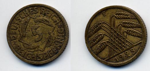 ГЕРМАНИЯ 5 РЕНТЕНПФЕННИГОВ 1925 E J. 316 KM 39 алюминиевая бронза 36-512