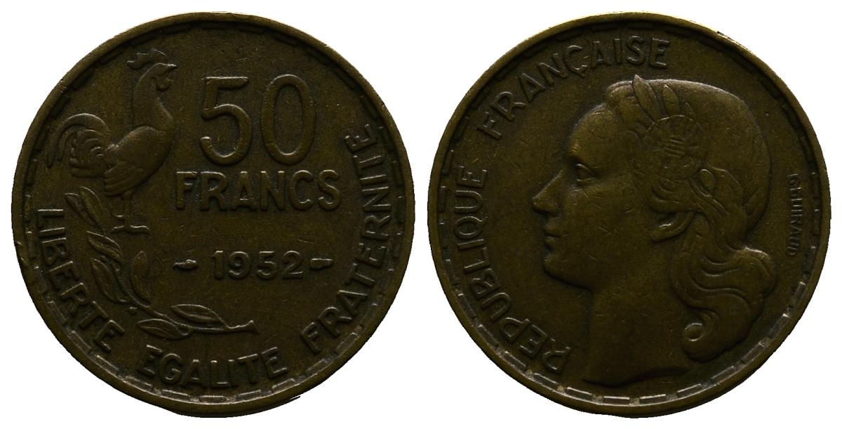 ФРАНЦИЯ 50 ФРАНКОВ 1952 KM 918.1 алюминиевая бронза 261-857
