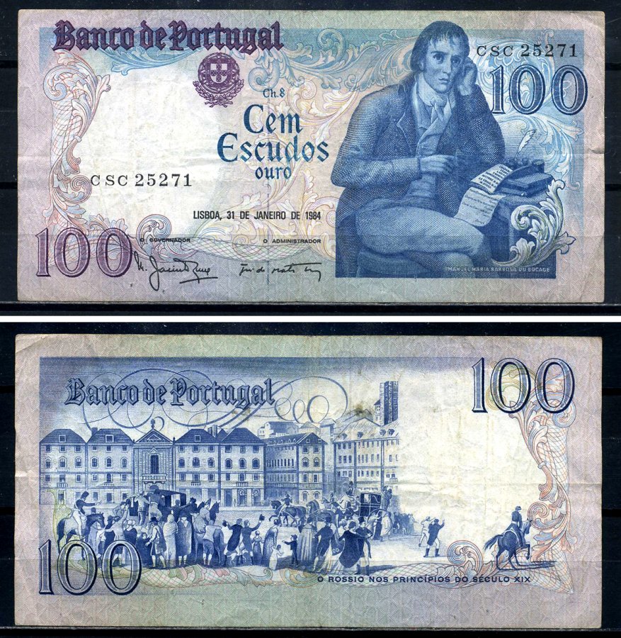 Португалия 100 эскудо 1984 Бокаже Мануэль Мария Барбоза, 31 января 1984, signatures: Manuel Jacinto Nunes & Jos? de Matos Torres Pick 178c(5) бумага 8590-11-1-2
