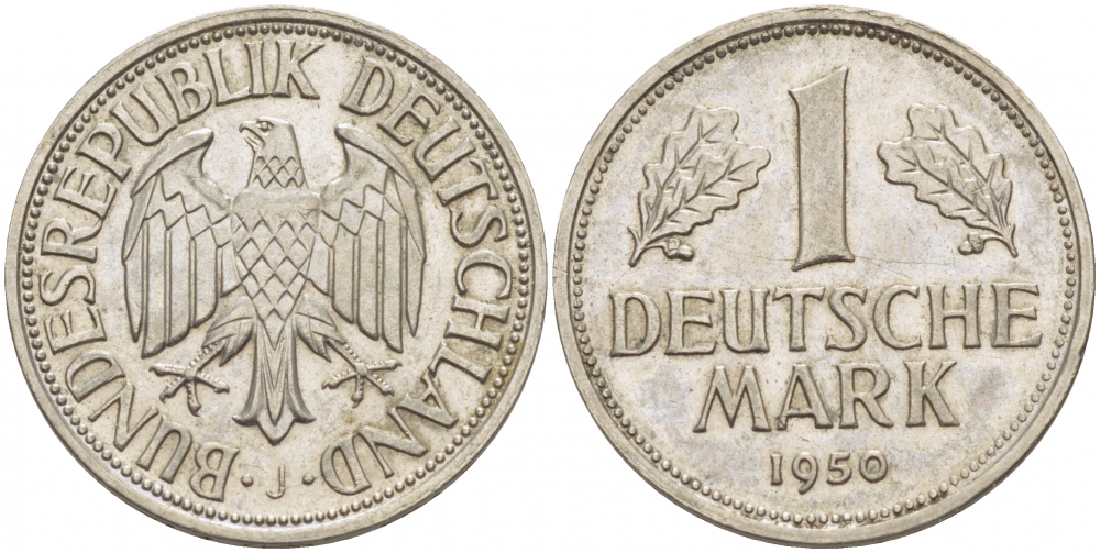 ФРГ 1 марка 1950 J, KM 110, J. 385 медно-никель 3718-1042