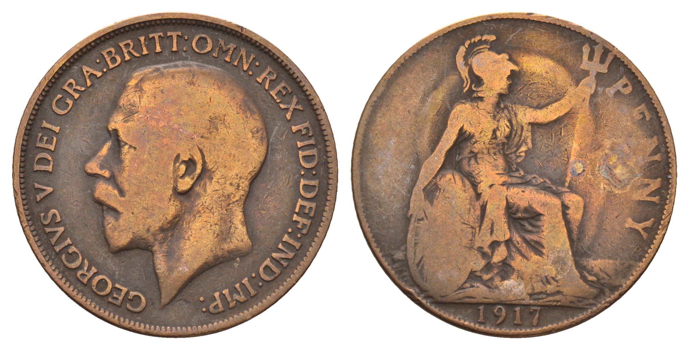 Великобритания 1 пенни 1917 Георг V (1910-1936) KM 810, Spink 4051 бронза 4692-713