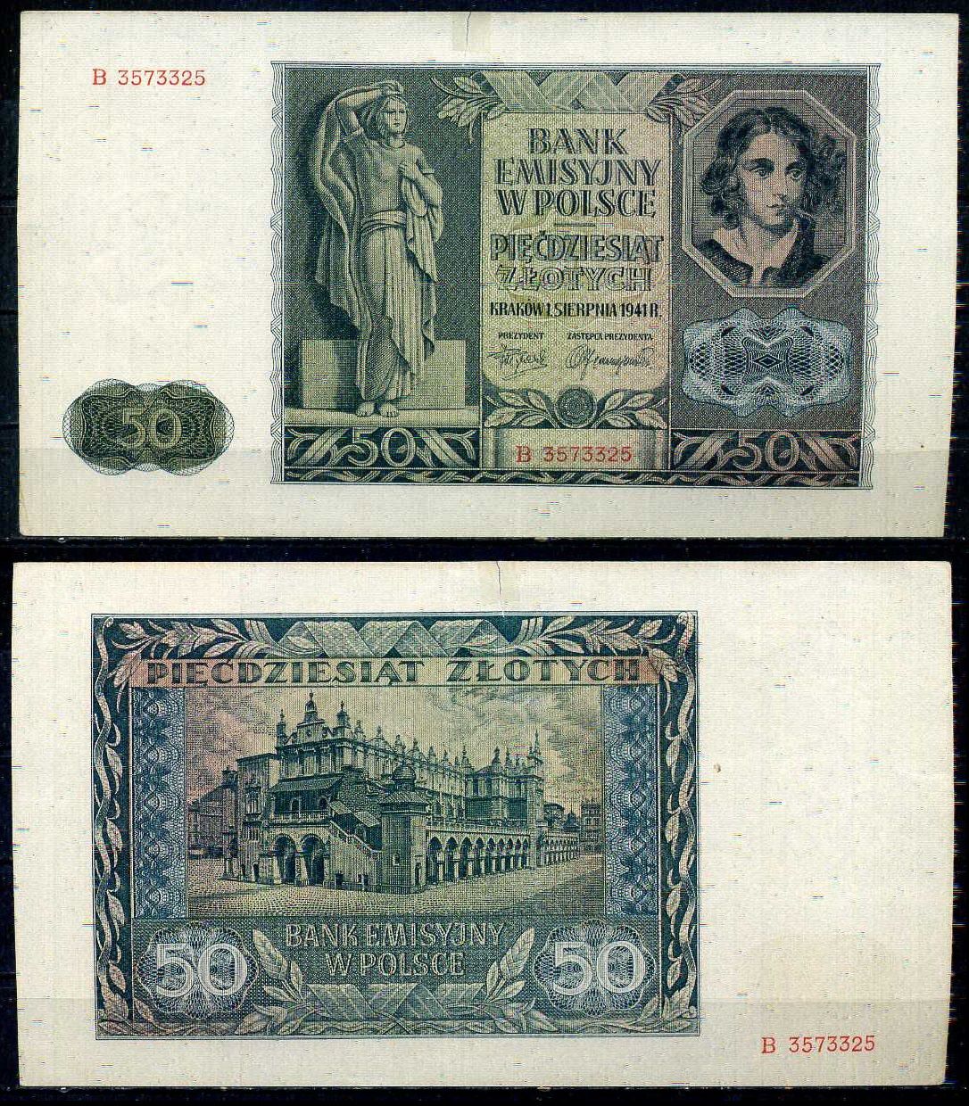 Польша 50 злотых 1941 Фермер, статуя женщины, Эмили Платер Pick 102 (1) бумага 6317-17-2-2