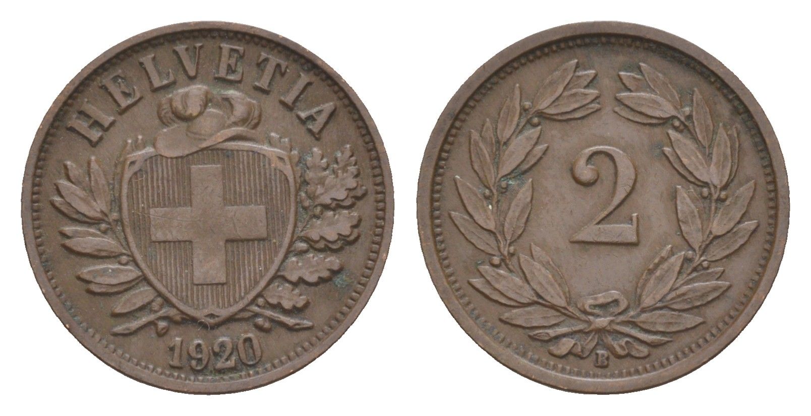 Швейцария 2 раппена 1920 B, редкий год KM 4 бронза 1518-821