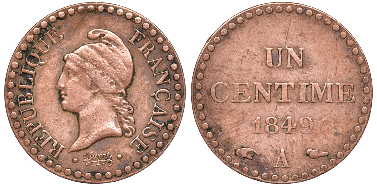 Франция 1 сантим 1849 А, вторая Республика (1848-1852) KM 754, Le Franc 101.2 бронза 4169-141