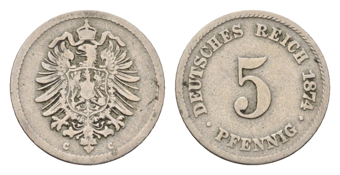 Германия 5 пфеннигов 1874 C, Вильгельм I (1871-1888) KM 3, J. 3 медно-никель 4632-611