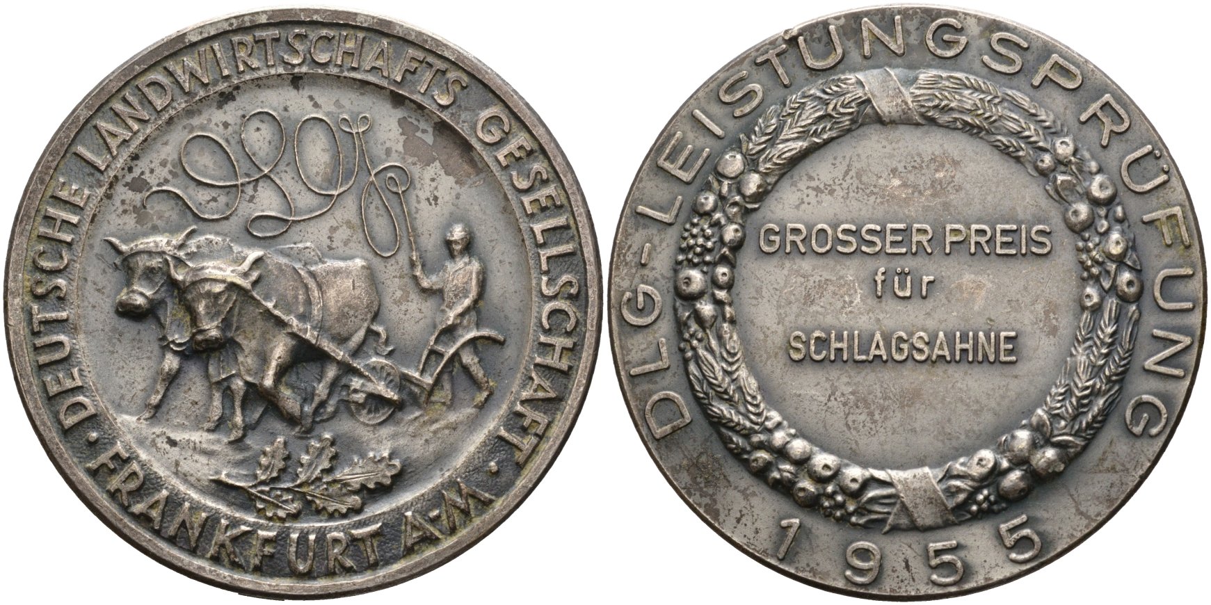 Германия, Франкфурт-на-Майне медаль 1955 Первый приз, ежегодная сельскохозяйственная выставка, диаметр 61 мм. белый металл 1084-1-22