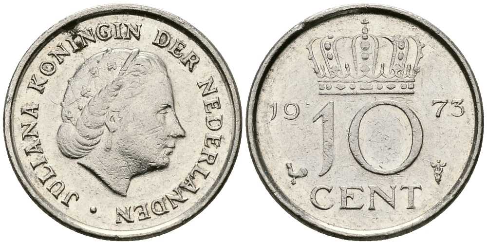НИДЕРЛАНДЫ 10 ЦЕНТОВ 1973 ЮЛИАНА KM 182 никель 96-428