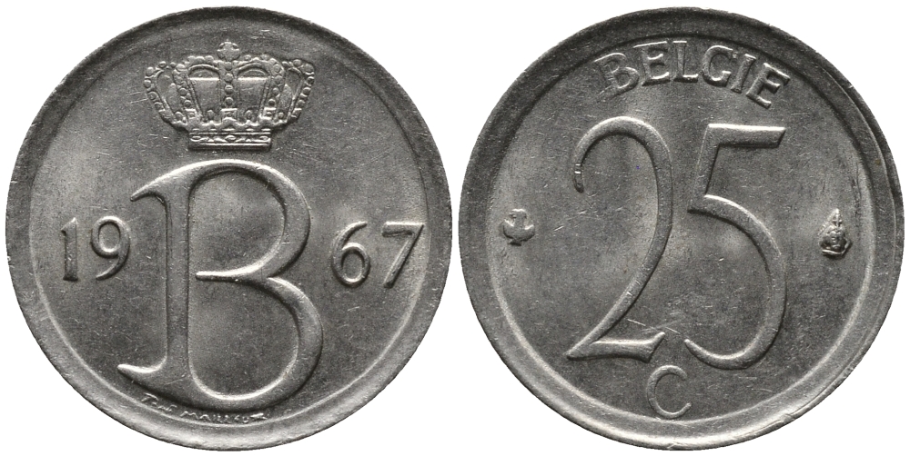 Бельгия 25 сантимов 1967 Belgie, Бодуэн I (1951-1993) KM 154.1 медно-никель 99-354