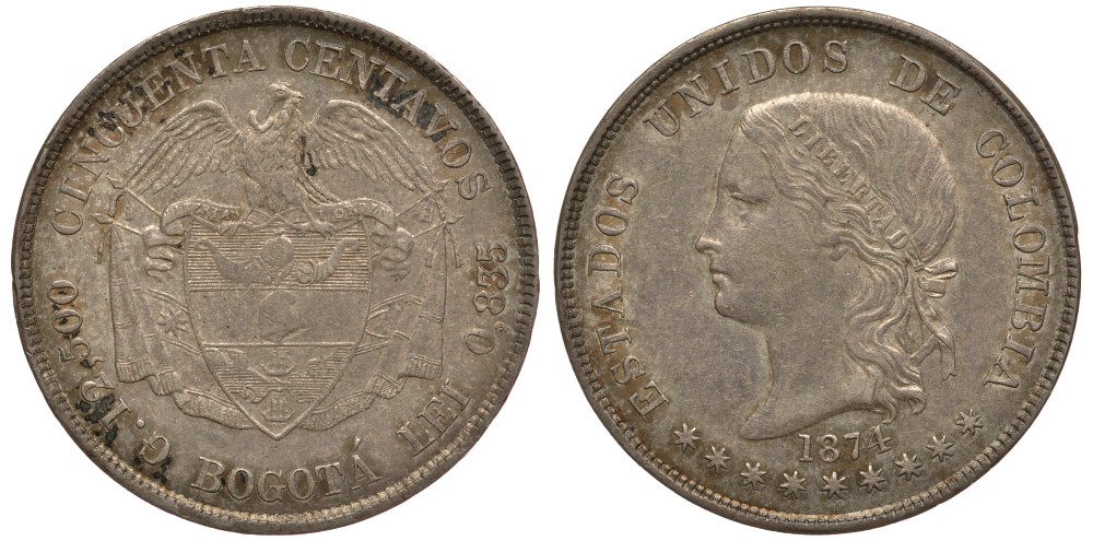 Колумбия 50 сентаво 1874 монетный двор Богота, Соединенные штаты Колумбии, маленький текст KM 177.1 серебро 00-803-61