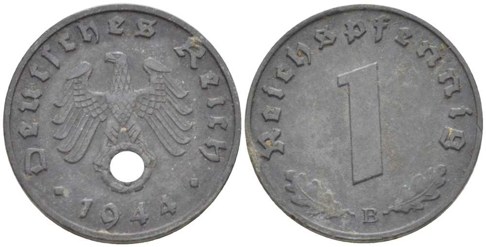 ГЕРМАНИЯ 1 РЕЙХСПФЕННИНГ 1944 B KM 97, J.369 цинк 201-968