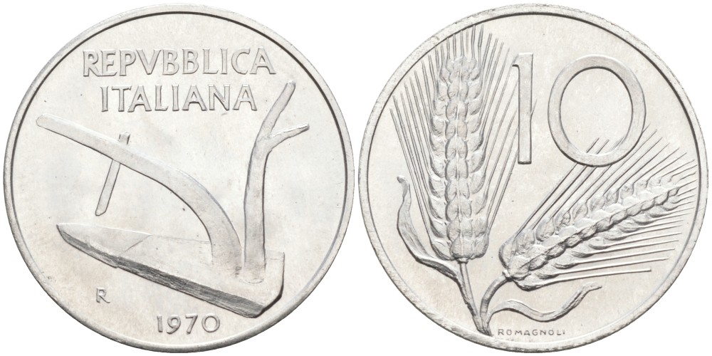 Италия 10 лир 1970 R, колосья, плуг KM 93 алюминий UNC 86-817