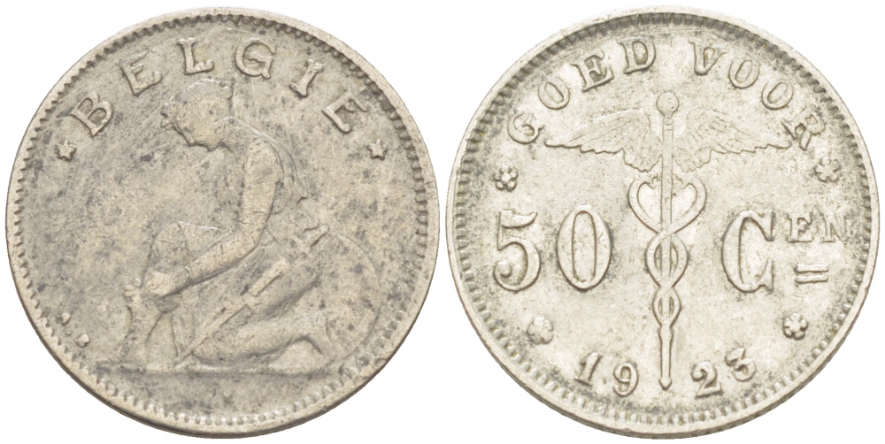 БЕЛЬГИЯ 50 САНТИМОВ 1923 BELGIE KM 88 никель 261-1648