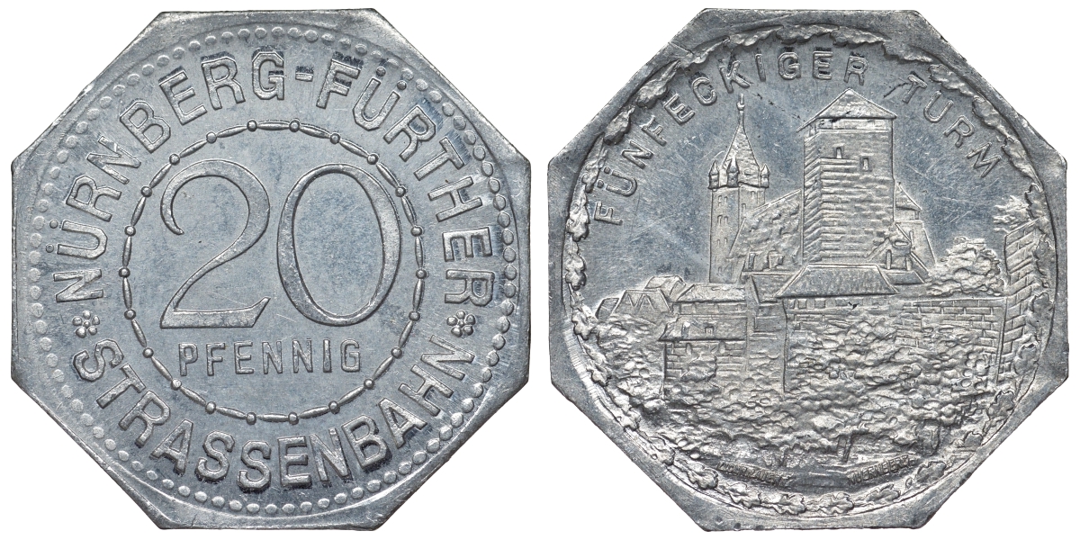 Германия, Нюрнберг - Фюрт 20 пфеннигов ND трамвайный жетон, пятиугольная башня алюминий UNC 4119-636