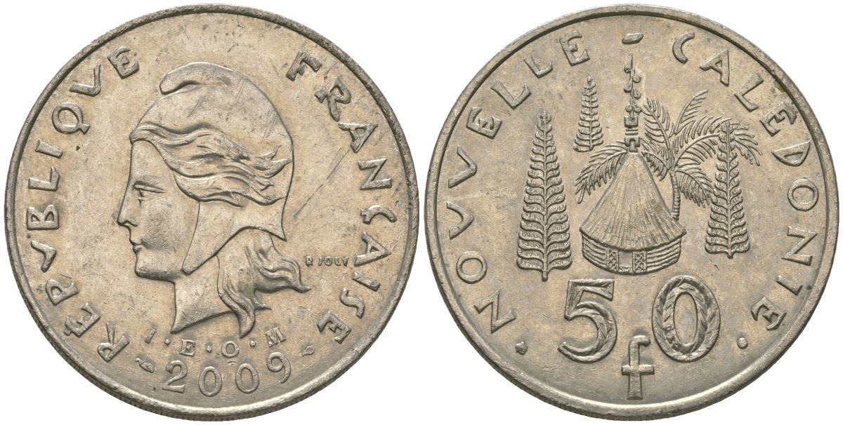 Французская Новая Каледония 50 франков 2009 хижина среди сосен и пальм, (IEOM) KM 13a, Schoen 15a, Lec 128i медно-никель 114-721