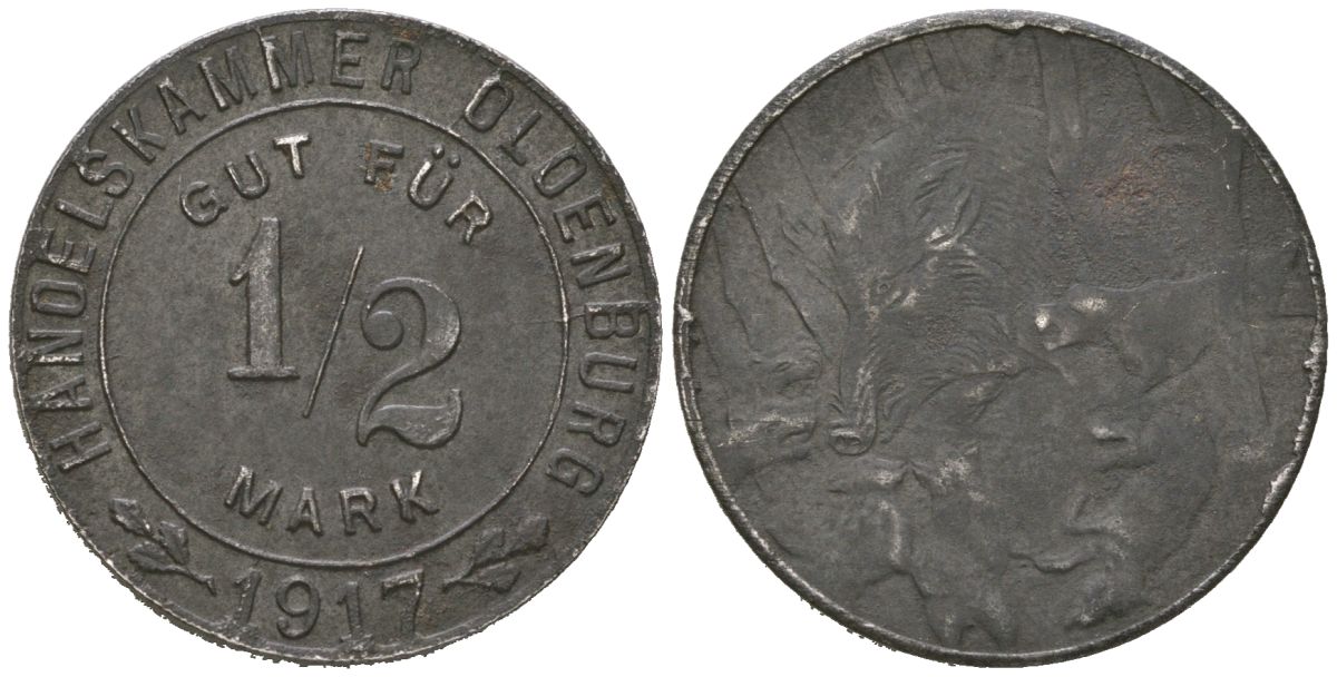 Ольденбург 1/2 марки 1917 Funck 407.2A, Men18 24948.2 железо 4586-945