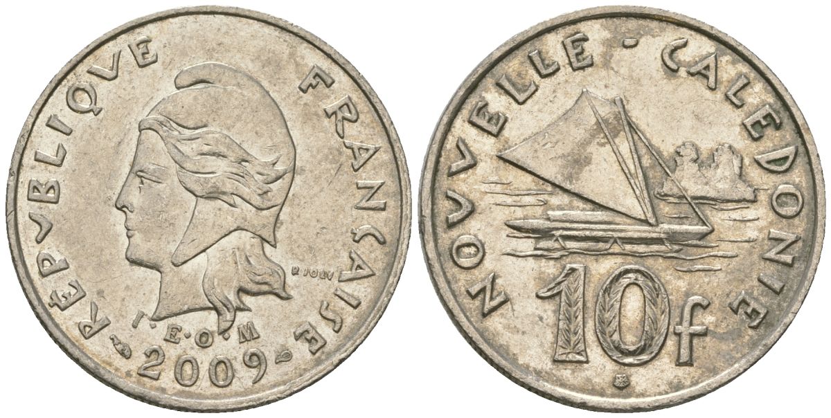 Французская Новая Каледония 10 франков 2009 рыбачья парусная лодка, (IEOM) KM 11a, Schoen 13a, Lec 99k медно-никель 62-1226