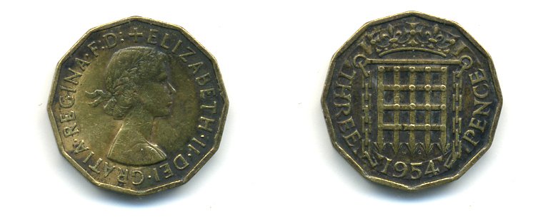 Великобритания 3 пенса 1954 Елизавета II (1952-2022) KM 900, Spink 4153 никель латунь 59-722