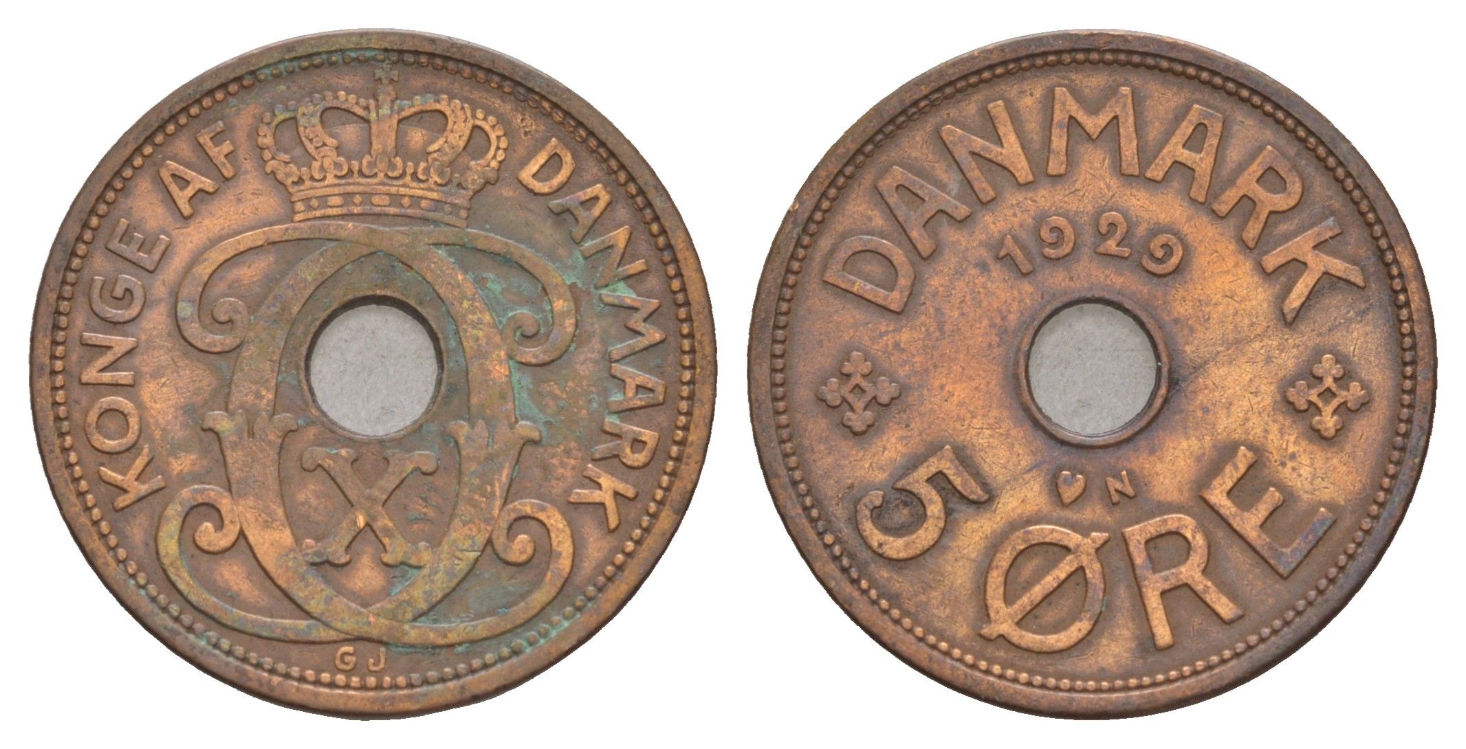 Дания 5 эре 1929 N, Кристиан X (1912-1947) KM 828 бронза 4657-243