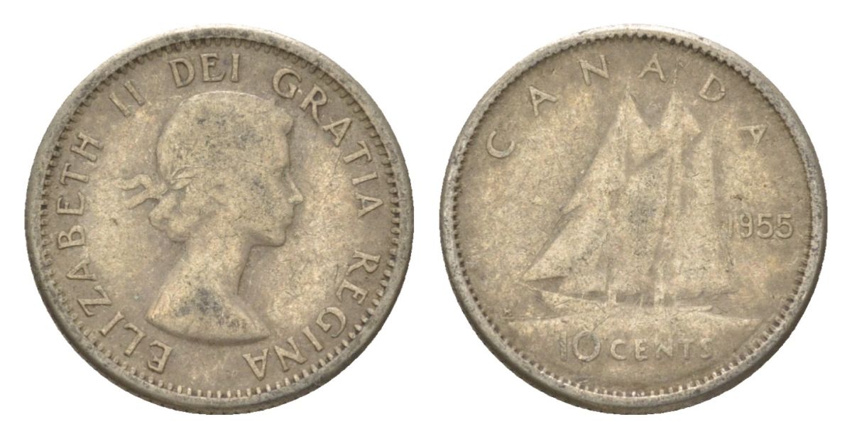 Канада 10 центов 1955 Елизавета II (1952-2022), парусник KM 51 серебро     4623-869